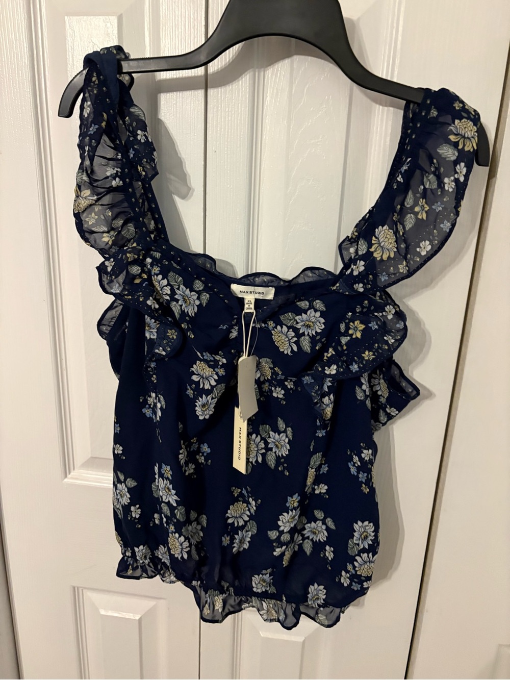 Max Studio Navy Floral Ruffle Camisole